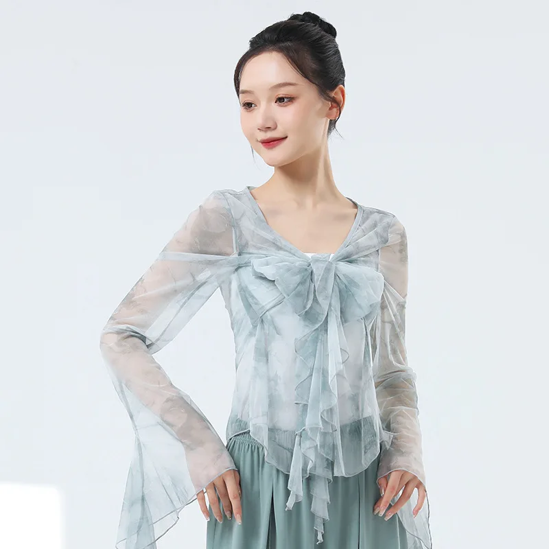 Abiti da ballo in rete per danza classica, protezione solare estiva da donna, abbigliamento da strada, nuovo top con maniche a foglia di loto in corno elegante stampato