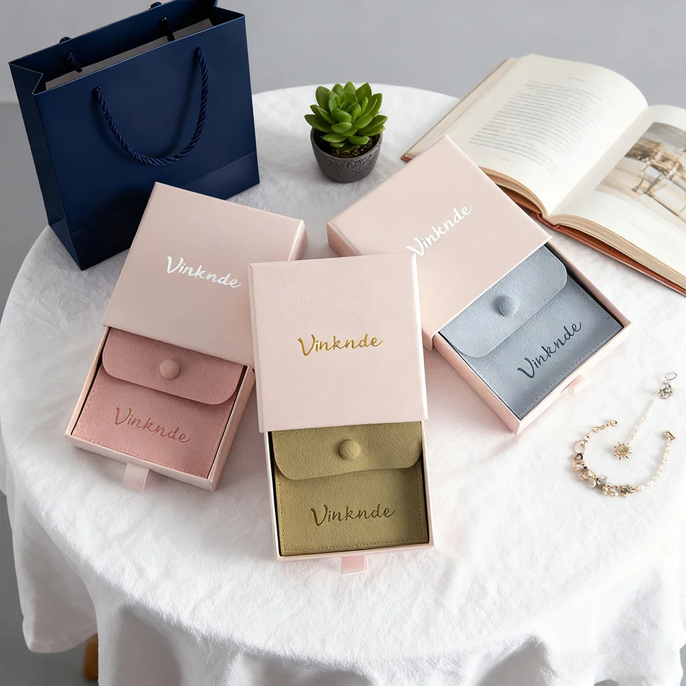 وردي فاتح 9*9*3.2 سم صناديق مجوهرات من الورق المقوى عصرية خاتم الزواج أقراط صندوق درج مع حقيبة إسفنجية مخملية من الألياف الدقيقة #1