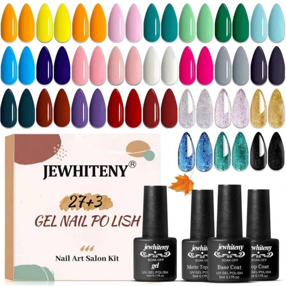 

JEWHITENY 30PCS Nail Polish Kit 27 Colors Green Blue Pink Orange Gitter Sock Off Gel Polish With Matte&Amp; Glossy Top Base Coat For DIY Nail Art Manucure At Home Salon