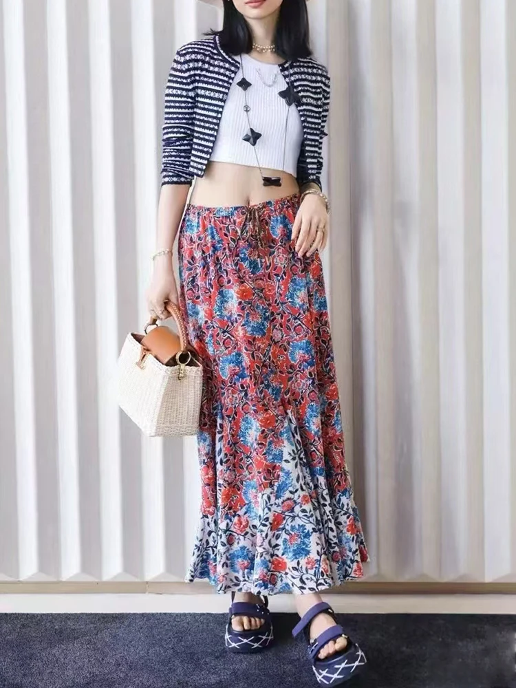 Jupe taille haute élastique imprimée rétro de styliste, mode femme automne 2025, jupe bouffante plissée polyvalente, ample et large