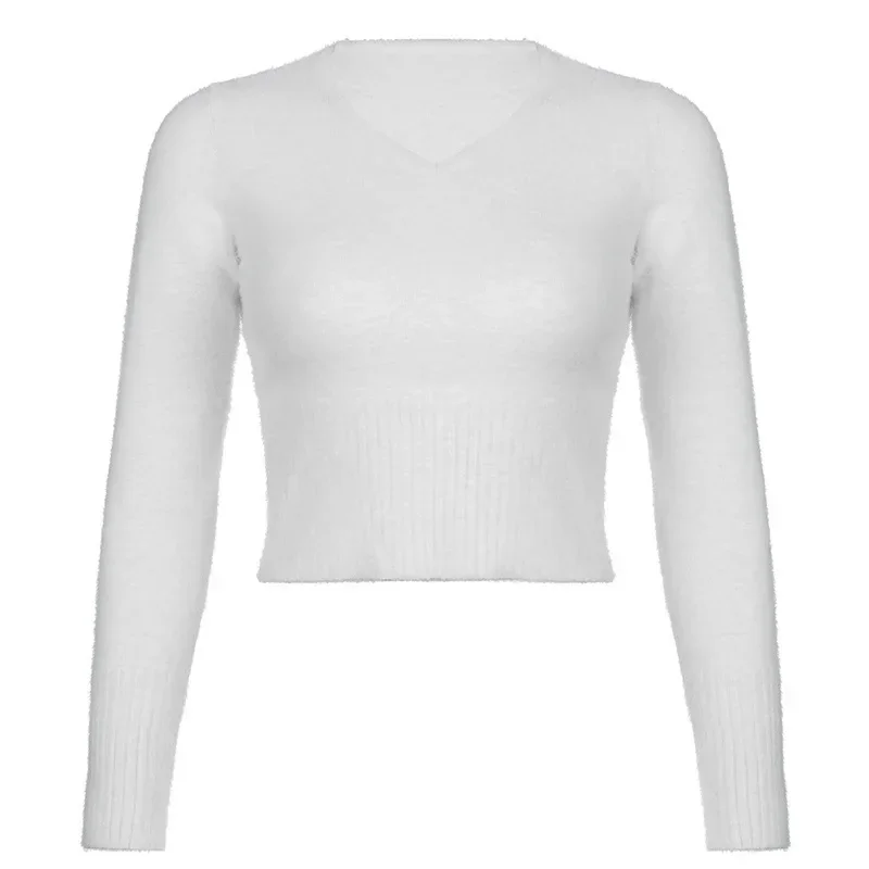 Long Sleeve White Sweater Women Autumn Winter Soft Warm Clothes Pullover Sweaters V Neck Slim Knitted Crop Tops Pull Femme