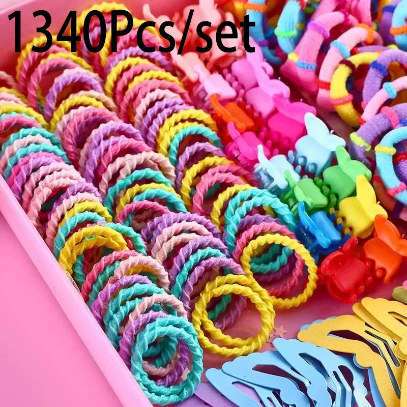 ncmama 1340Pcs Hair Accessories Set For Girls Macaron Nylon Hair Ties Flower Hair Claw Clips Elastic Rubber Band Ponytail Holder