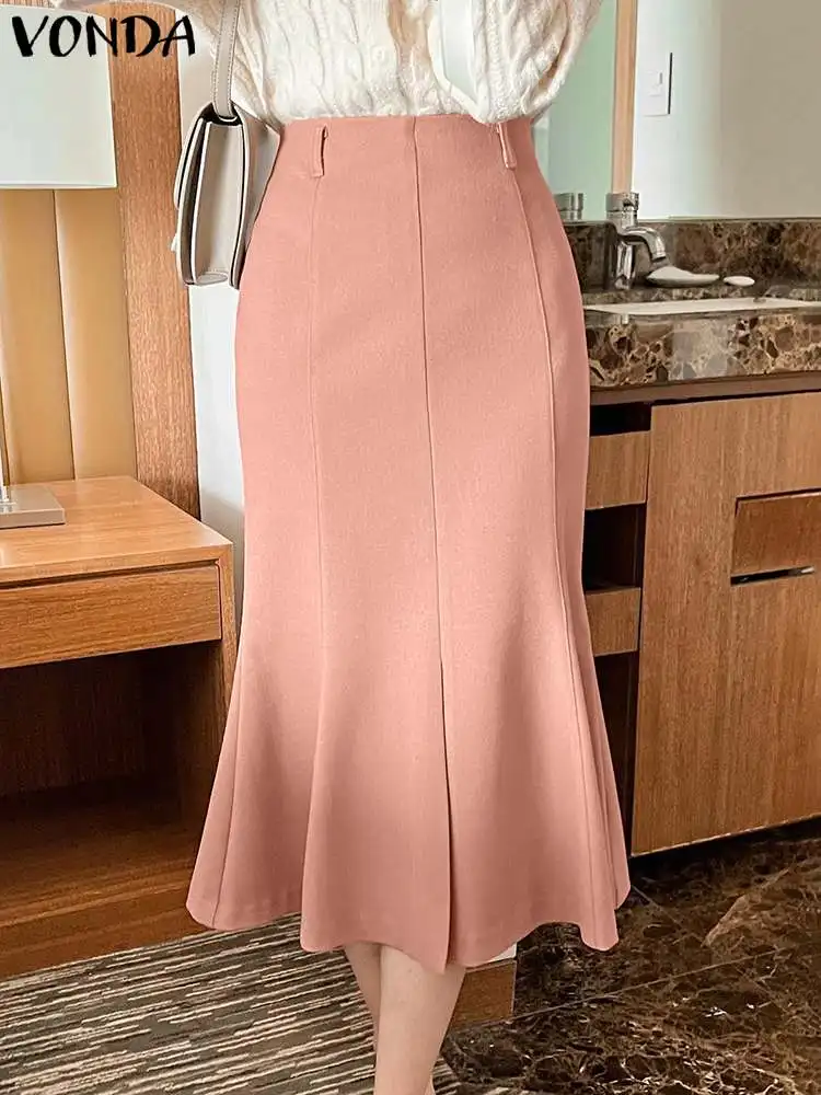 

VONDA Elegant Skirts 2023 Summer Fishtail Midi Party Skirt Fashion Women Casual High Waist Pleated Solid Color Skirt Femme