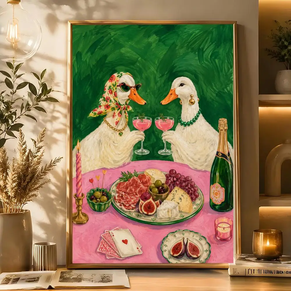 Retro Duck Wine Party  Poster self‑adhesive Modern Wall Art Poster Print,  Room Decor for Living Room Bedroom