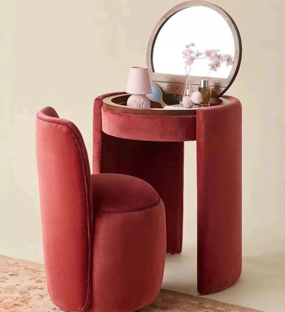 

Luxury vintage antique upholstered makeup dresser with foldable mirror and stool set, wooden corner dresser for bedroom