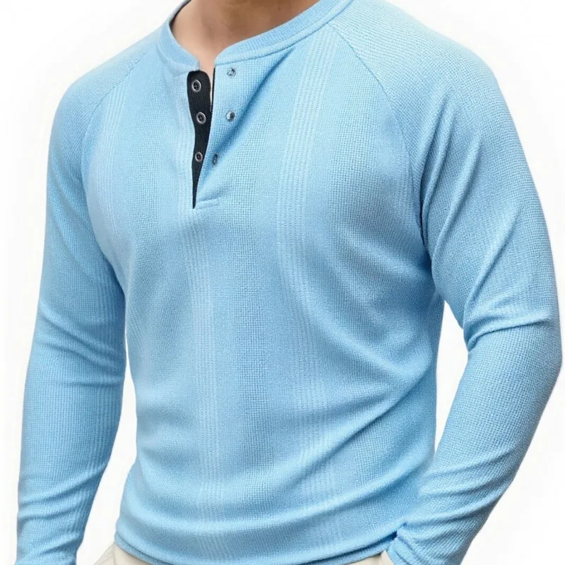 New Round Neck Long Sleeve Henley Bottoming Shirt T-shirt Vertical Stripe Men's POLO Shirt