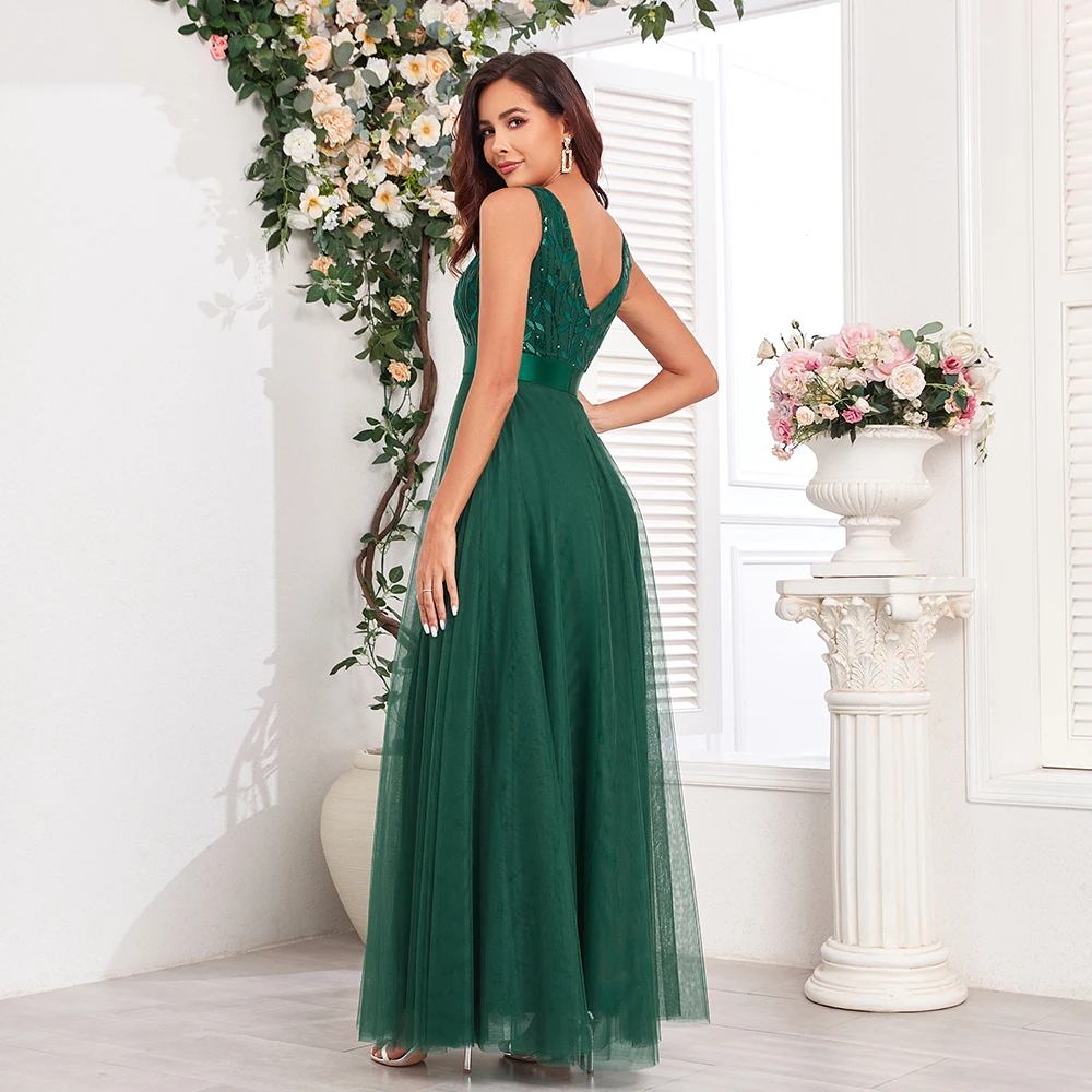 Robe de soirée longue brodée en tulle, col en v, ligne a, élégante, offre spéciale