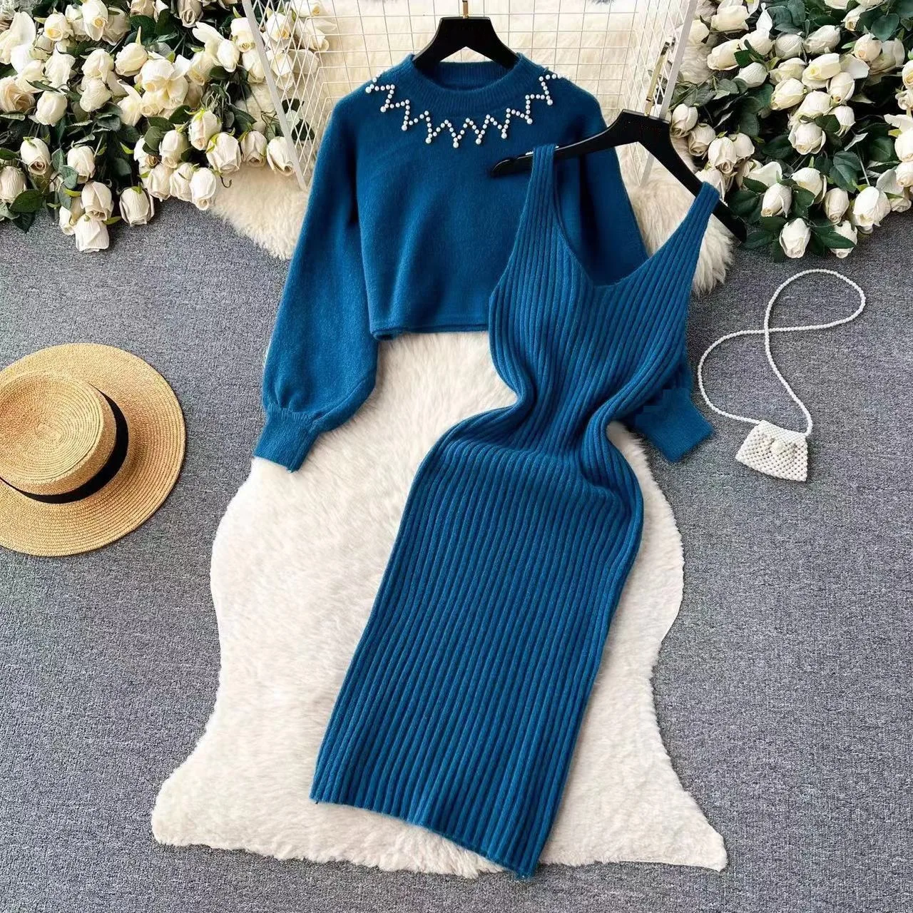 Winter Women Knitted Sets Fashion Breading Long Sleeve Pearl Sweater+Knitted Camis Dress Sets Fashion Sweater Suits