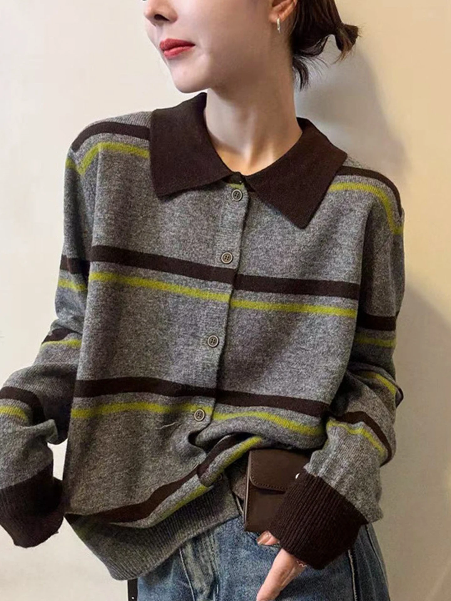 Pull Long tricoté rétro pour femme, Cardigan amincissant à bouton unique, haut d'automne, couleur Blo rayé