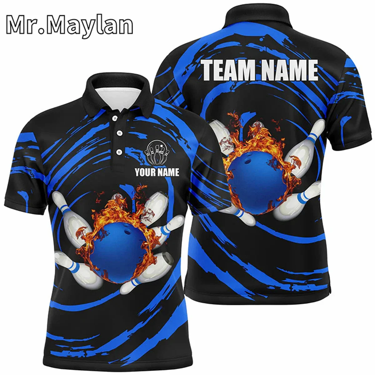 

3D Blue Flame Bowling Ball And Pins Mens Bowling Sport Polo Shirts Custom Team Bowling Jerseys Gift For Team Bowlers Unisex Tops