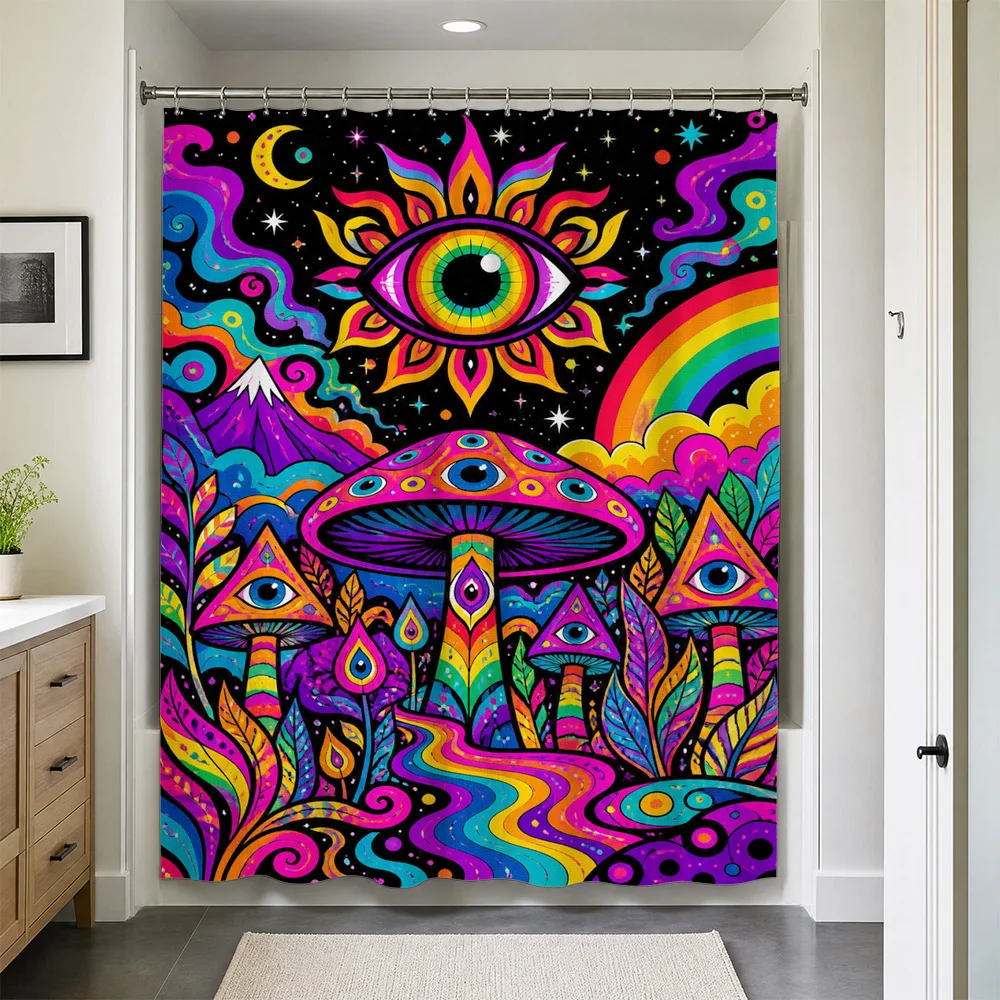Waterproof Psychedelic Rainbow Mushroom Art Bohemian Cosmic Shower Curtain Boho Hippie Bathroom Liner for Modern Decor
