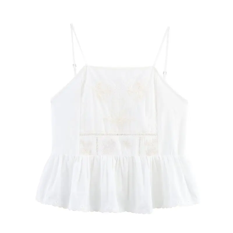 

New Summer 2025 Women's Embroidered Strap Knot Decorated Cotton Top Floral Design Commute Sle Straight Cut Single...