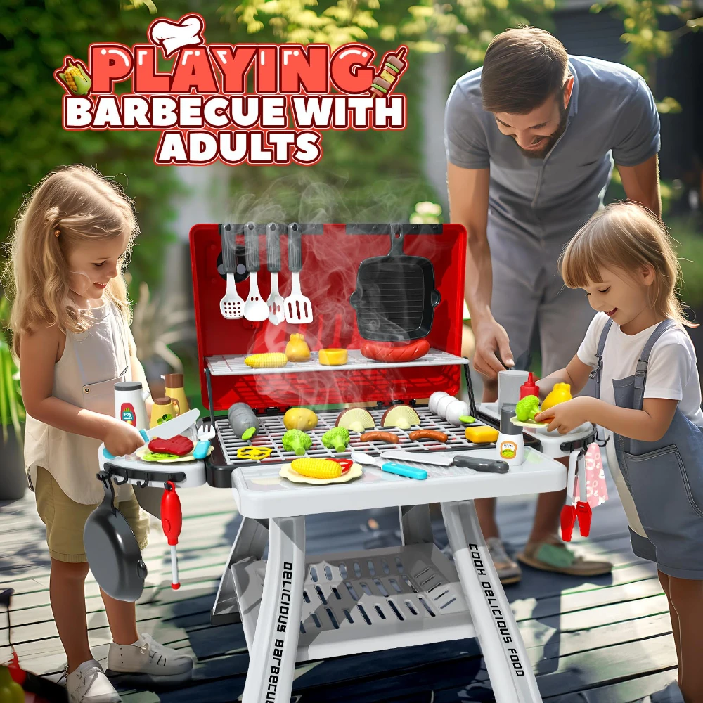 WizKidz Toy BBQ Grill Set For Kids Outdoor Pretend Play Cooking Barbecue Interactive Playset For Boys Girls Kitchen Accessories