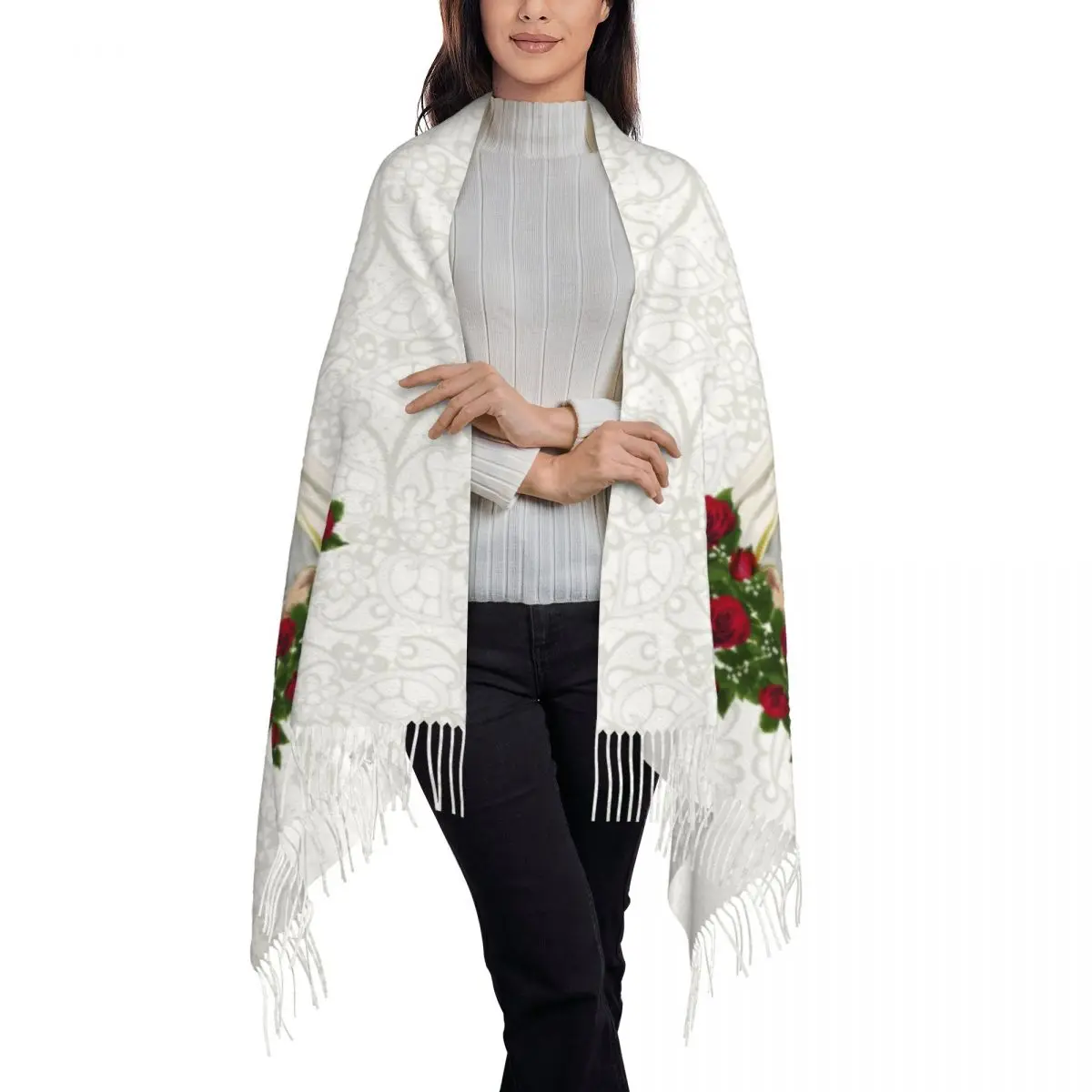 Custom Our Lady Of Fatima Virgin Mary Scarf Wrap Women Long Winter Fall Warm Tassel Shawl  Portugal Rosary Catholic Scarves