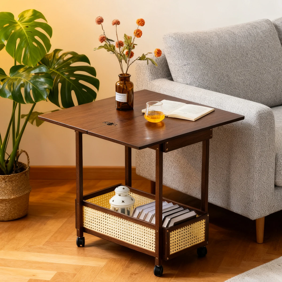 

Bamboo Multi-Functional Cart with Foldable Coffee Table & Storage Basket - Expandable Desk on Wheels (Walnut Color)