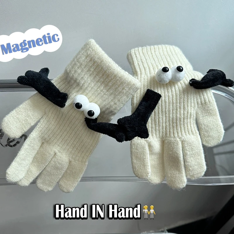 

Creative Linking Couple Gloves Magnetic Suction Knitted Full Fingers Elastic Winter Warm Gloves Couple Holding Hands Funny Glove