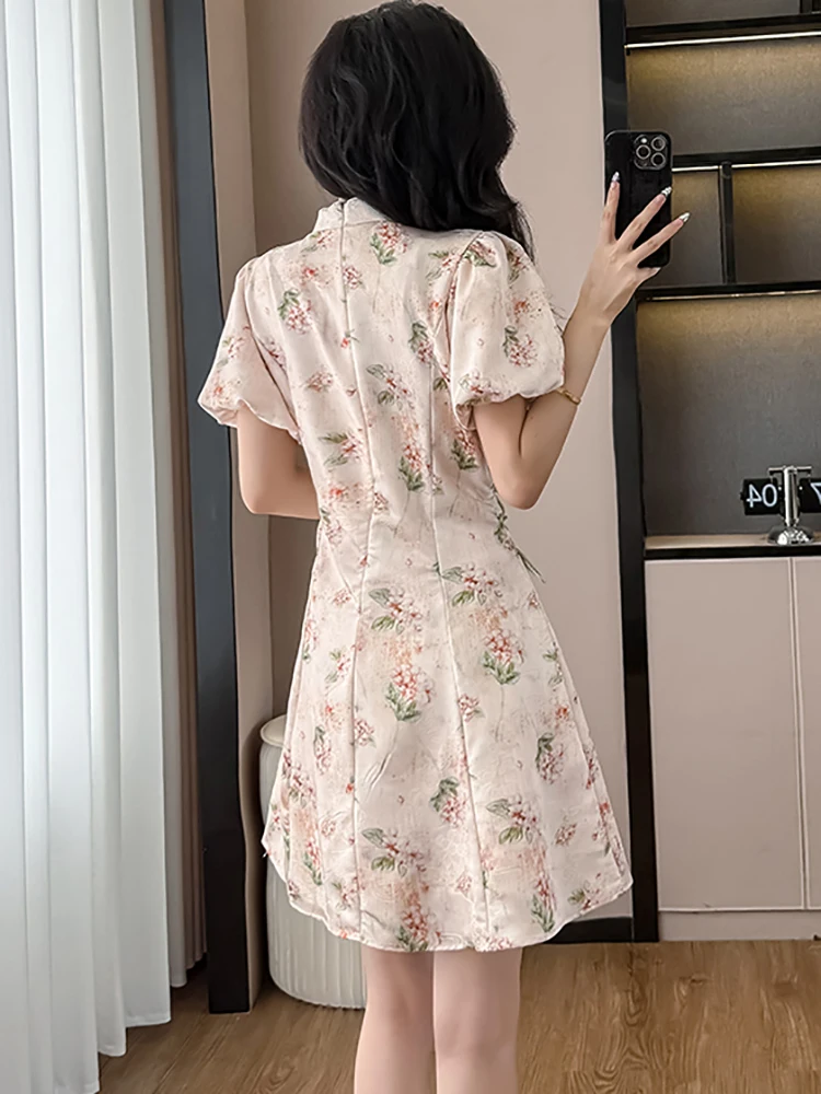 Robe Cheongsam d'été à col montant pour femmes, manches bouffantes, moulante, à bandes, mode coréenne, élégante, Festival, 2025