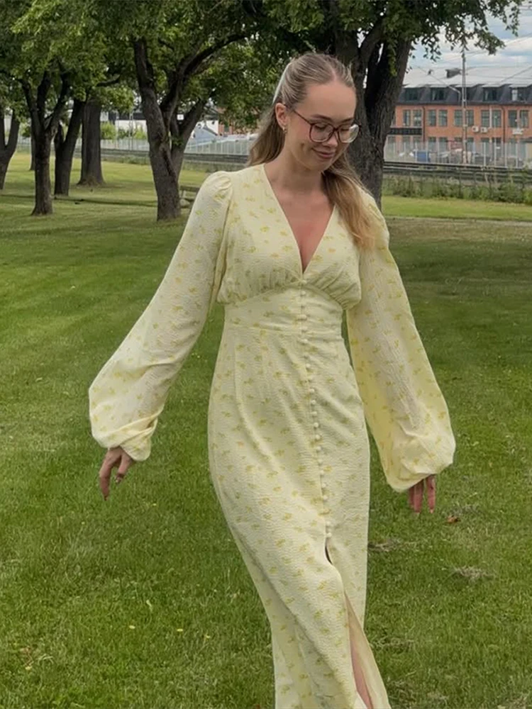 Seksowna Sukienka z Nadrukiem Dekolt V Damska Uliczna Jednorzędowa Bufiaste Długie Rękawy Długie Sukienki Damskie Lato Jesień 2025 Szaty Damskie