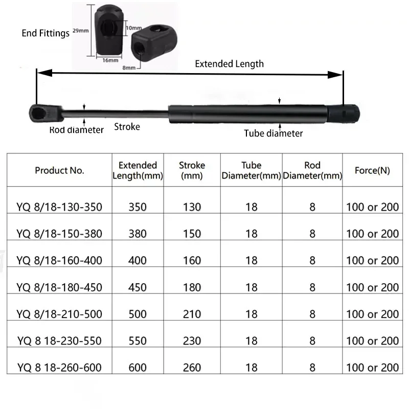 1PC 100/200N 350/380/400/450/500/550/600mm Gas Sturts Ball Sockets Ends Shock AbsorberS Lift Supports Hood Trunk Tailgate Shock