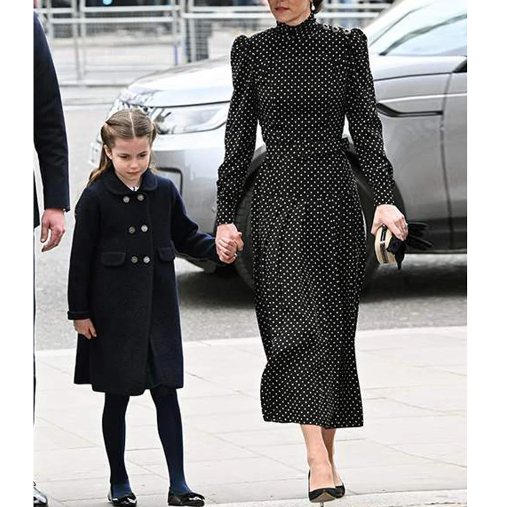 

Women Designer Ankle Length Dress Spring Autumn Princess Kate Elegant Black Dot Print Midi Office Casual Dresses Oversized XXL