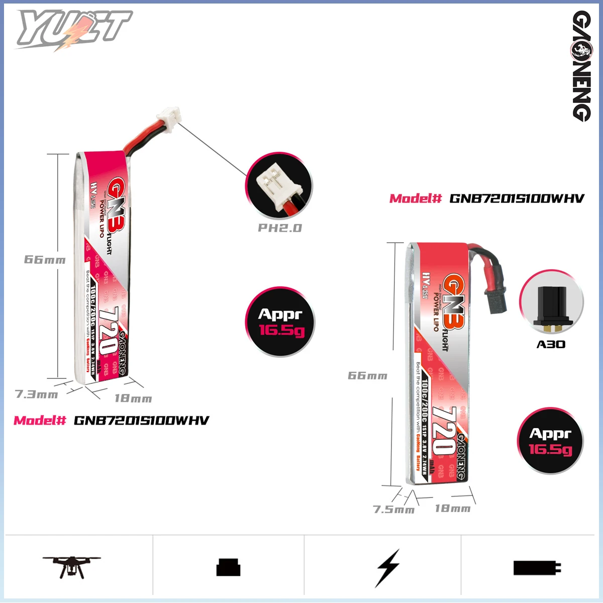 Yuct gnb 1s lipo bateria lihv 3.8v ph2.0 100c/max 200c para minúsculo whoop 3.7v bateria de lítio para fpv drone quadcopter corrida drone