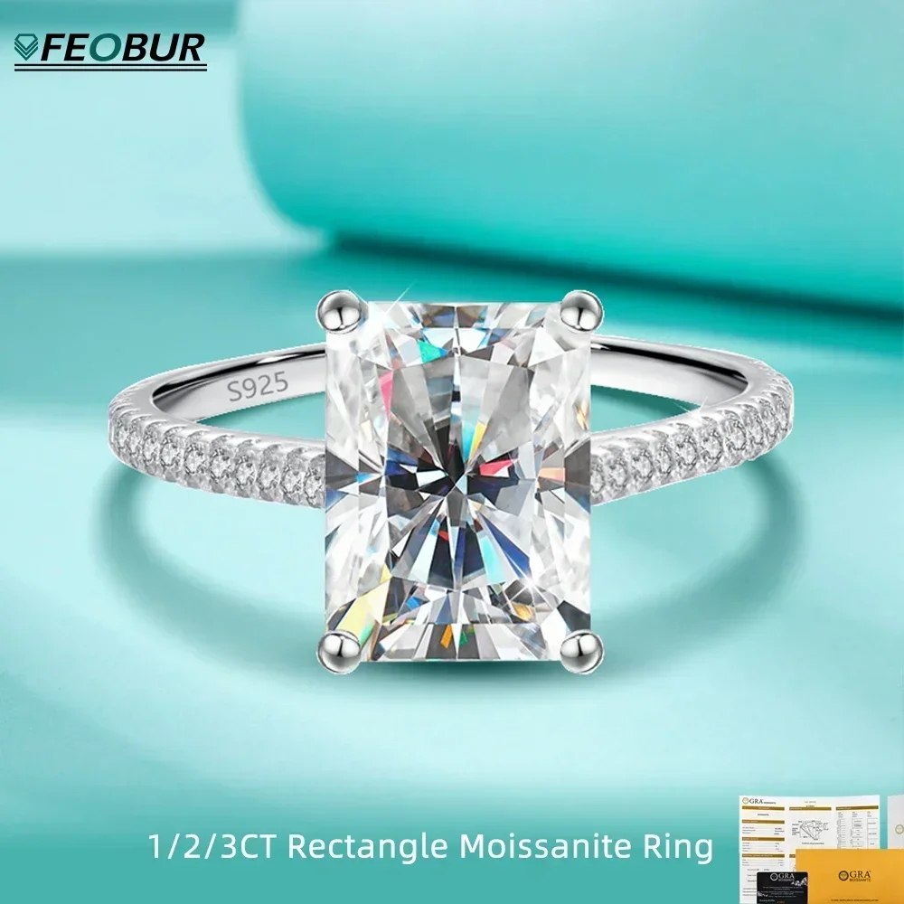 

FEOBUR 3ct Radiant Cut Rectangle Moissanite Ring Wedding Band for Women 925 Silver Certified Eternity Diamond Engagement Rings