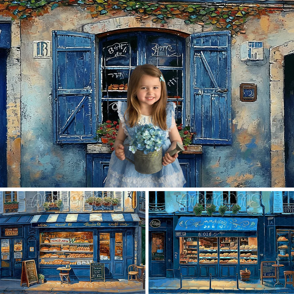 Spring Photography Backdrop Artistic Oil Painting Coffee Shop Blue Wooden Window Vines Birthday Portrait Background Photo Studio