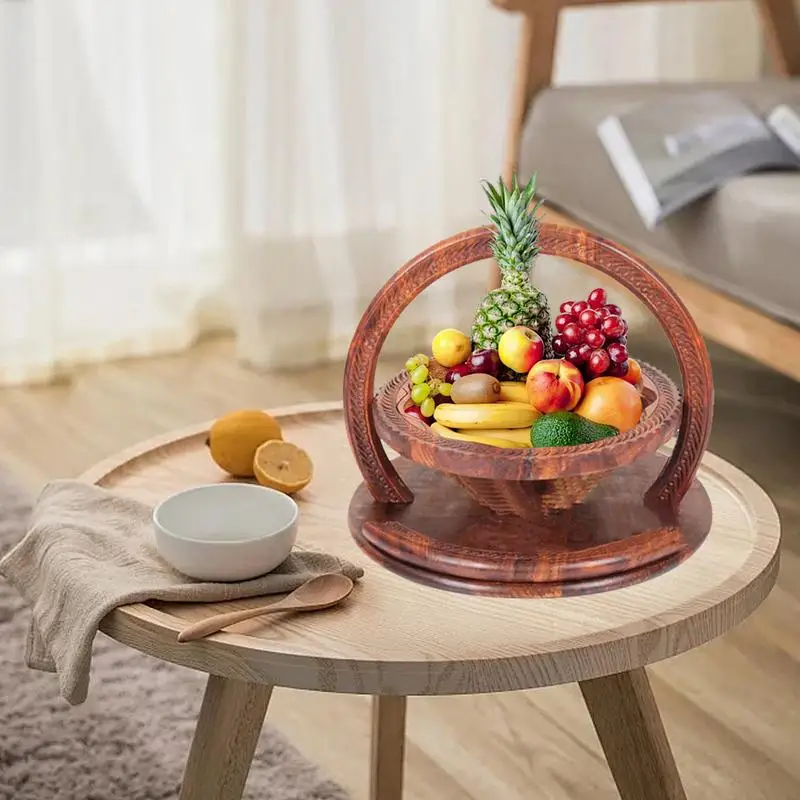 Wooden Fruit Basket 4-Partitions Multipurpose Wooden Fruit Basket For Kitchen Counter Handmade Wood Carving Fruit Plate For