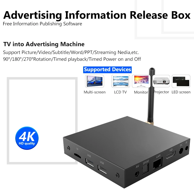 

Advertising Box Digital Signage Player 4K Android Information Release Picture Rolling Subtitles Split Screen Display