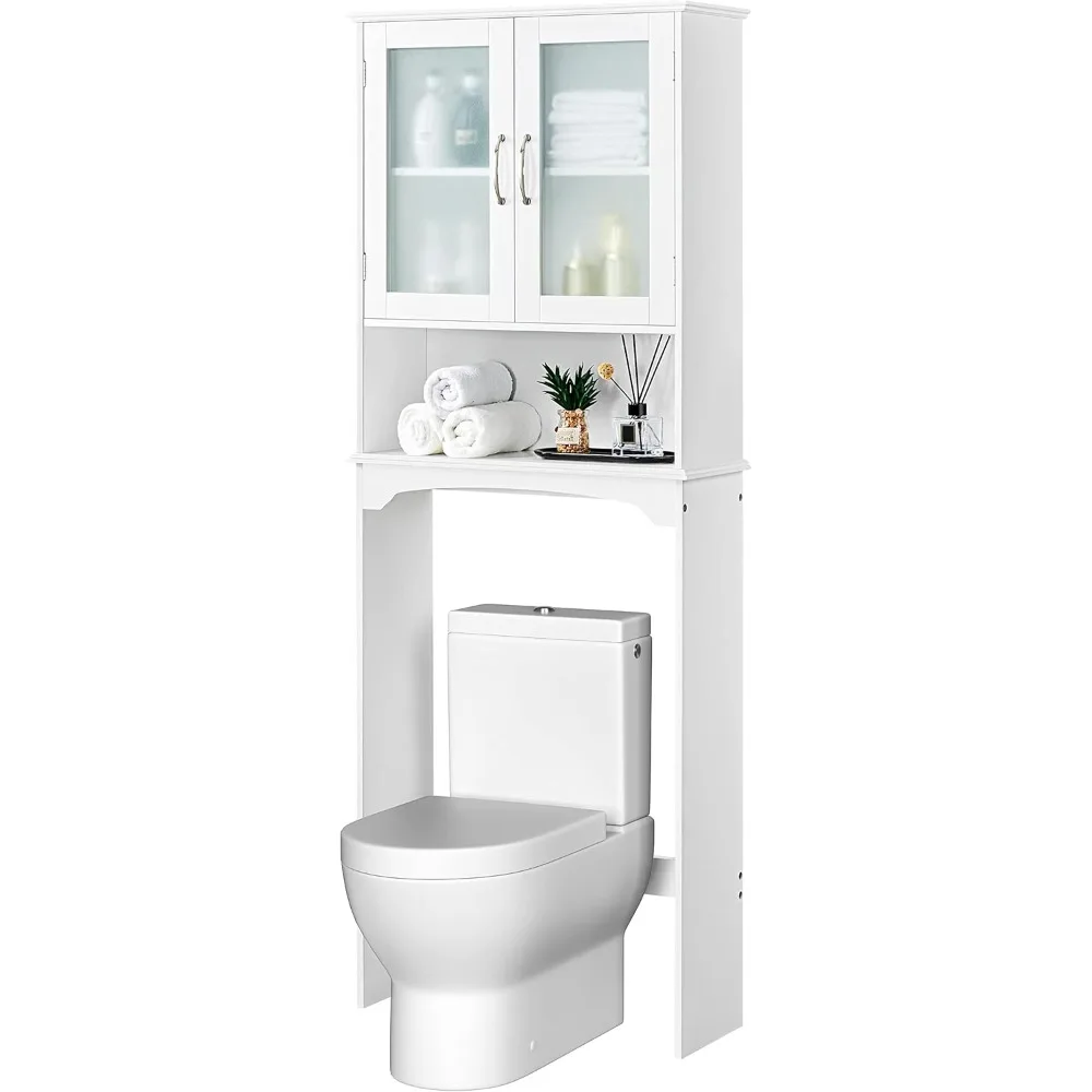 

Over The Toilet Storage Cabinet with Double Tempered Glass Doors and Adjustable Shelf, Freestanding Bathroom Storage Rack