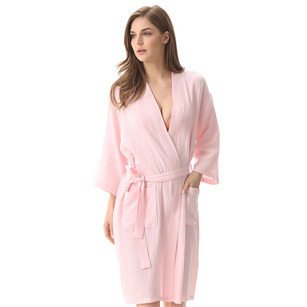 Couple's Cotton Double-layer Gauze Bathrobe Solid Color Sleepwear for Men Women Absorbent Yukata