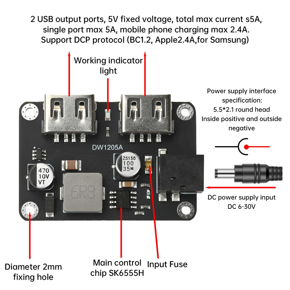 DC-DC Step-Down โมดูล 9 V/12 V/24 V ถึง 5V5A โทรศัพท์มือถือ USB Charger Dual USB เอาต์พุตกรณี fast Quick Charger Circuit Board