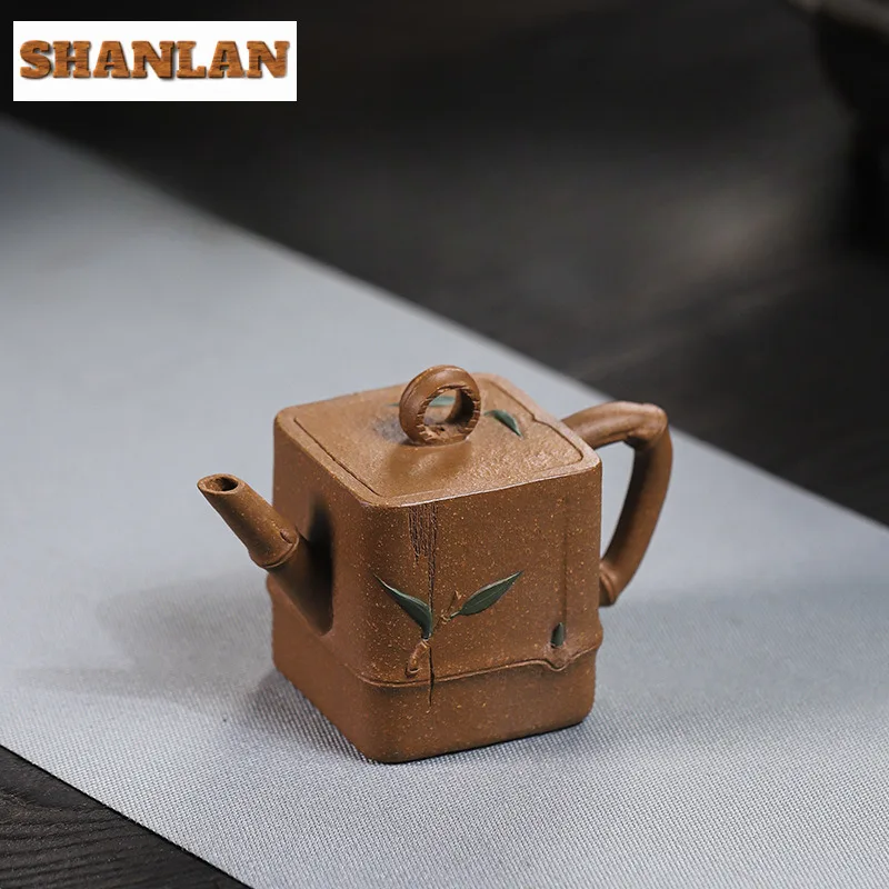 100ml Yixing Purple Clay Teapots Artists Handmade Square Bamboo Joint Pot Raw Ore Gold Downhill Mud Kettle Infuser Zisha Tea Set