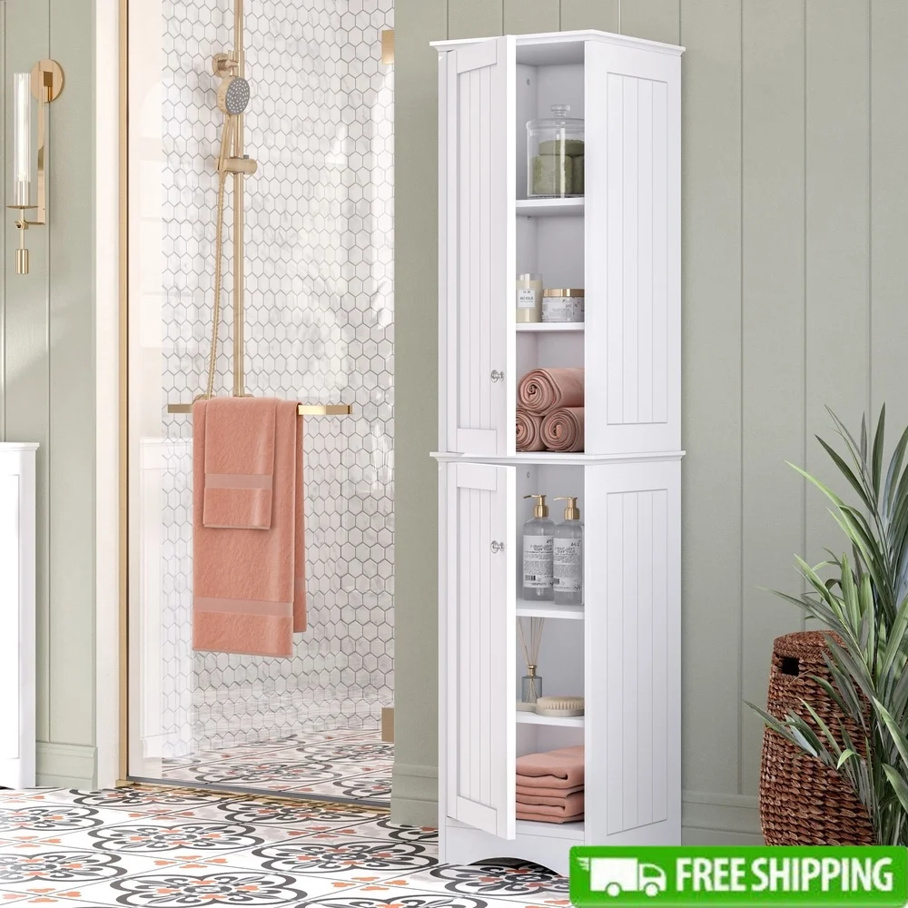 

Tall Bathroom Storage Cabinet with Adjustable Shelves Freestanding Linen Organizer Two Doors Beadboard Design Stylish Home