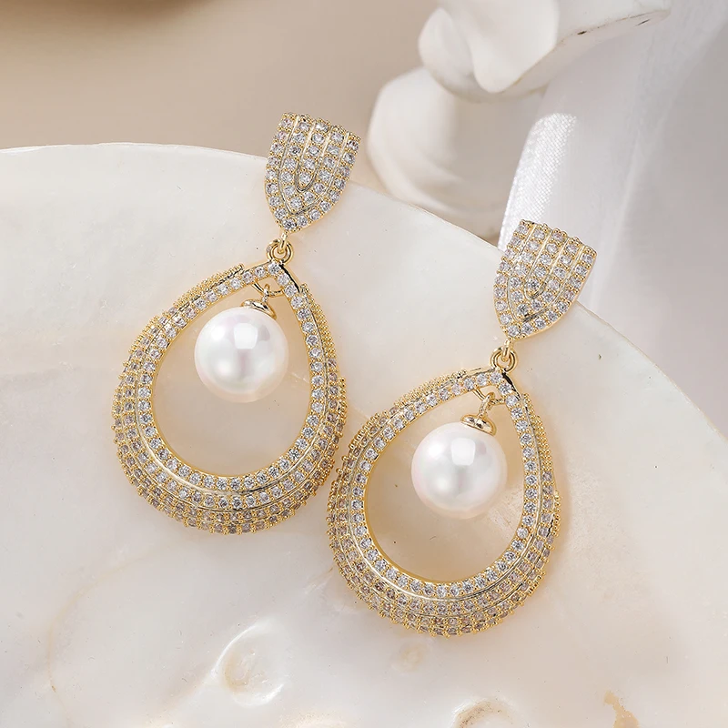 

SENYU Fashion Hollow Big Oval Dangle Earrings Pave Setting Clear Cubic Zirconia Exquisite Wedding Jewelry Bride Pearl Earrings