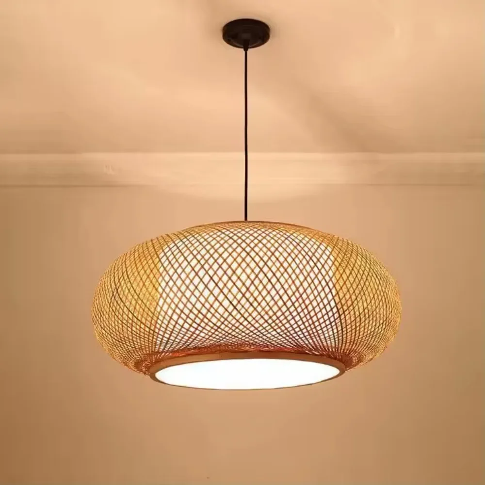 

Chinese Stylel Indoor Bamboo Pendant Lamp Wide Lantern Shade Chandelier Ceiling Light Handcrafted Chandelier Decor for Bedroom