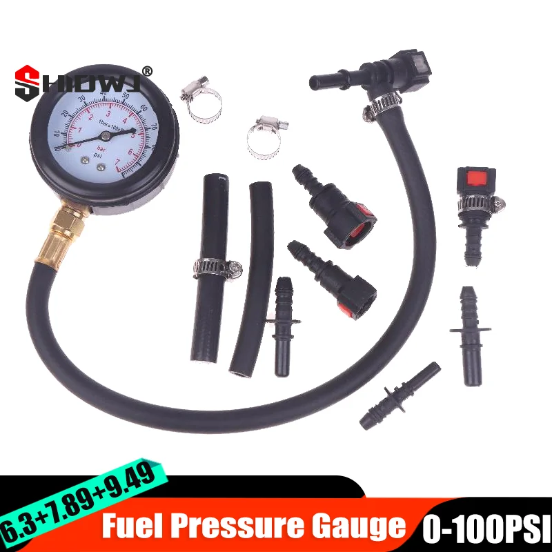 

Манометр топливной системы 0-100 фунтов на квадратный дюйм для мотоциклов и автомобилей, клапан и 6,3/7,89/9,49 в комплекте