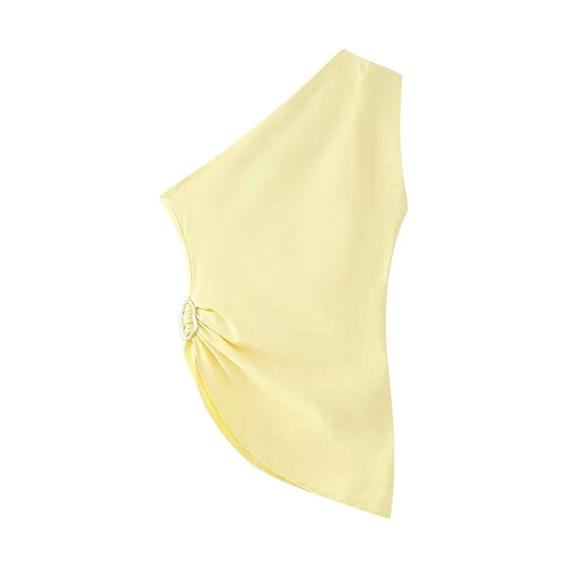 UETEEY Women Fashion Yellow Pleated Bandage Asymmetrical Tops Vintage Backless One Shoulder Female Chic Lady Tops