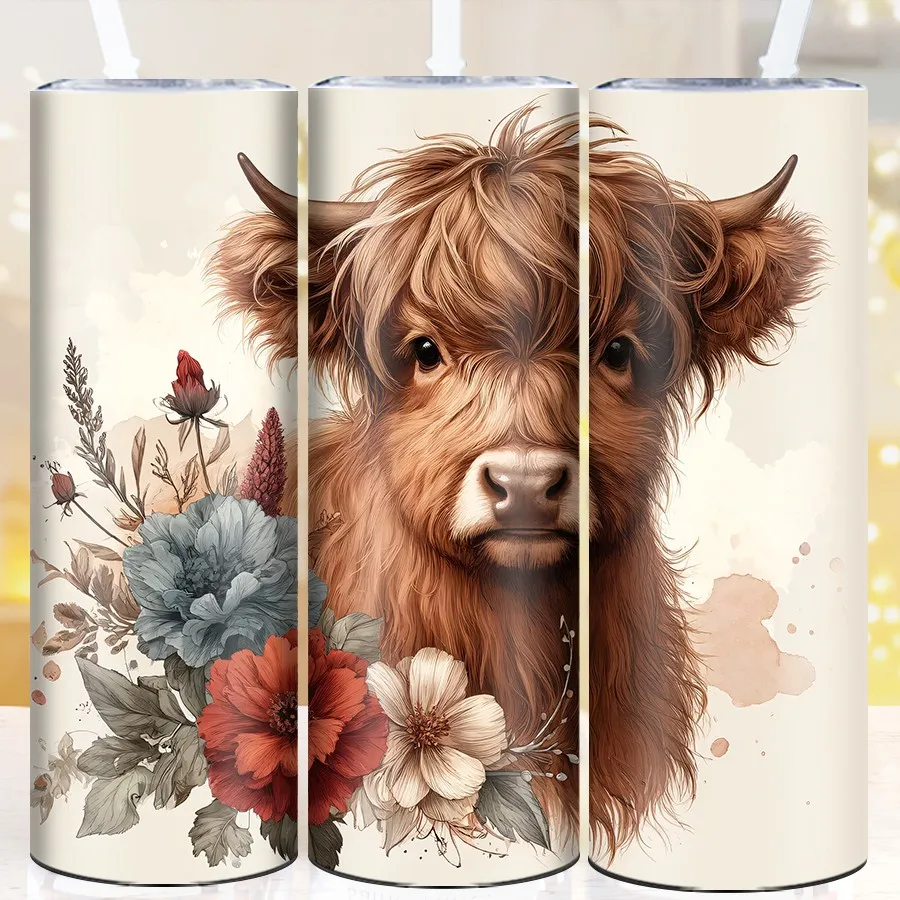 1Pc 3D Print Flowers & Highland Cow Party Tumblers Straw Lid 20oz Stainless Straight Coffee Mugs Travel Cups Vacuum Tumblers