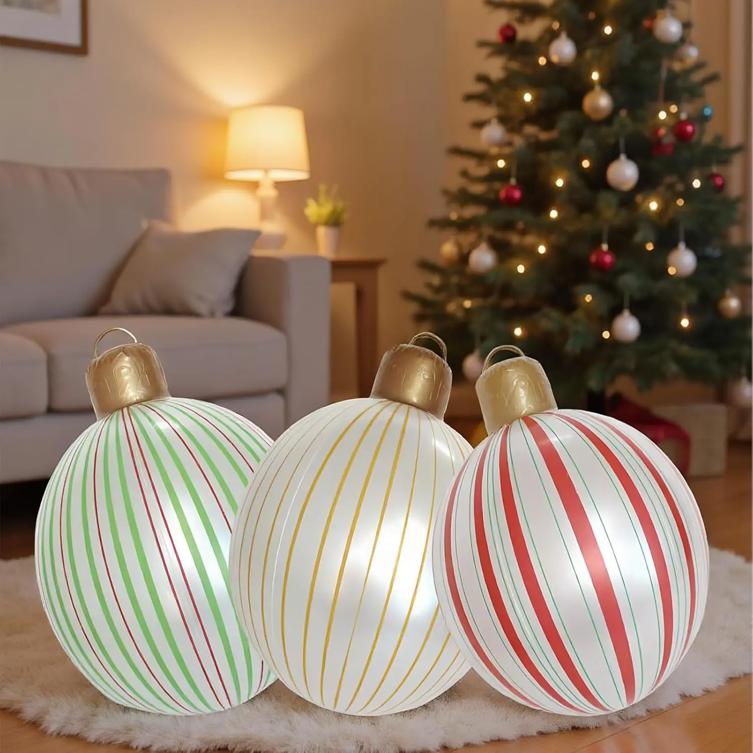 55CM Christmas Inflatable Ball Outdoor Garden Decor PVC Giant Xmas Ball Creative Inflatable Xmas Decorative Striped Xmas Ball