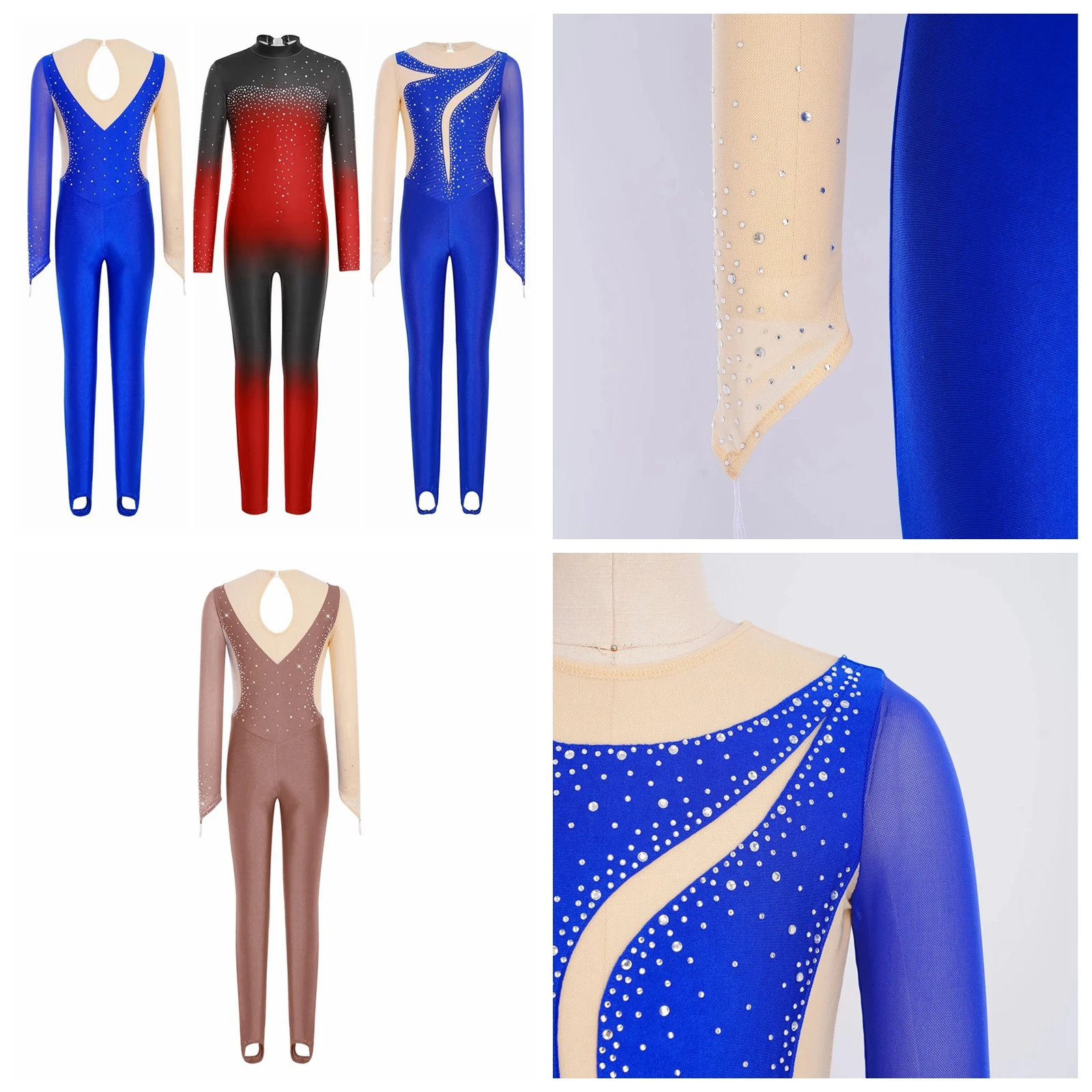 

Детские акробатические костюмы для подростков и девочек, комбинезон для художественной гимнастики, сетчатый комбинезон с блестящими стразами, танцевальный боди