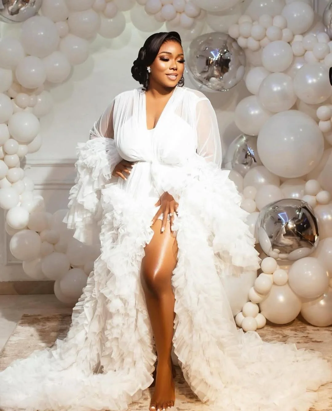 Maternity Gown for Baby Shower Dressing Gown Perspective Sheer Skirt Long Tulle Bridal Robe Puffy Sleepwear Women Nightwear
