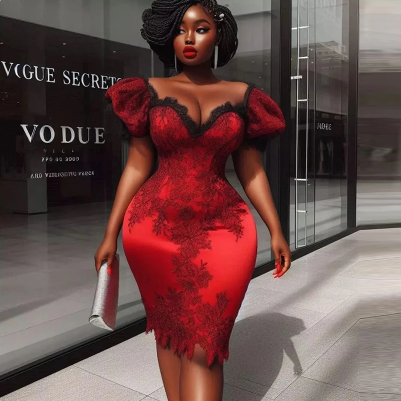 Rote Ballkleider, herzförmige Spitzenapplikationen, bauschige, kurze Ärmel, knielange Abendkleider, Aso Ebi Cocktailpartykleid