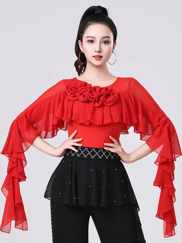 new-women's-dance-top-elastic-skirt-design-seven-sleeve-latin-dance-outfit-fashionable-geleba-dance-sportswear-polyester