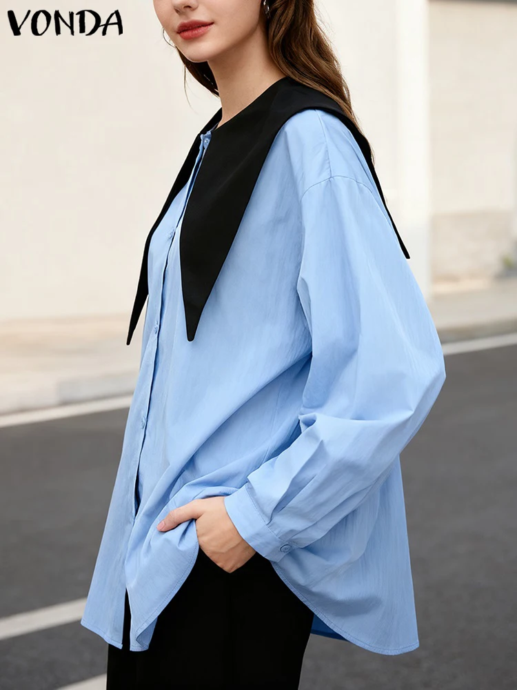 

VONDA Women Fashion Shirts 2025 Color Patchwork Autumn Long Sleeve Lapel Elegant Office Lady Blouse Casual Tops Tunic Blusas