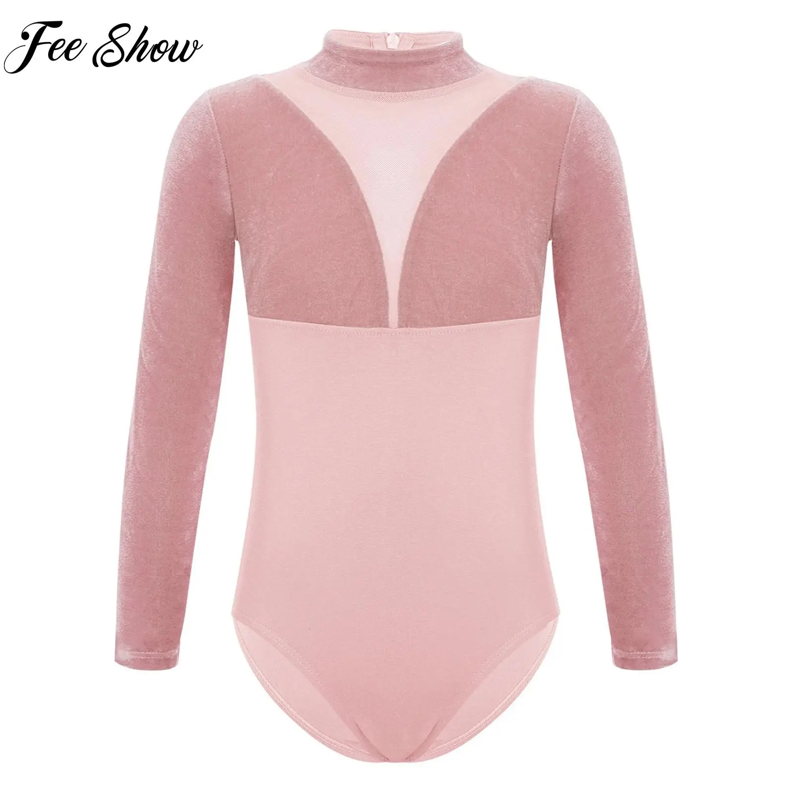 

Long Sleeves Ballet Dance Leotard Girls Gymnastics Costume Zipper Velvet Mesh Cotton Bodysuit Children Skating Dance Costume