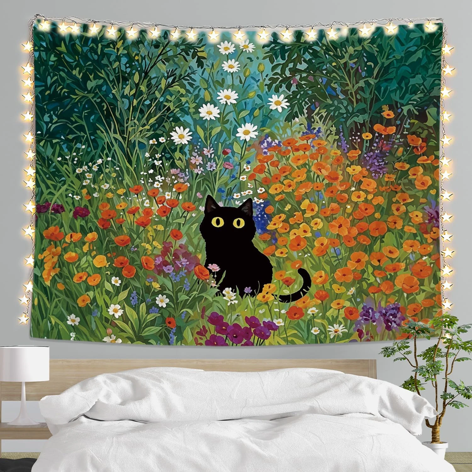VIKAMA Colorful Flower Garden Cat Tapestry, Bedroom Decorative Hanging Tapestry, Wall Hanging with a Fresh, Rustic Vibe