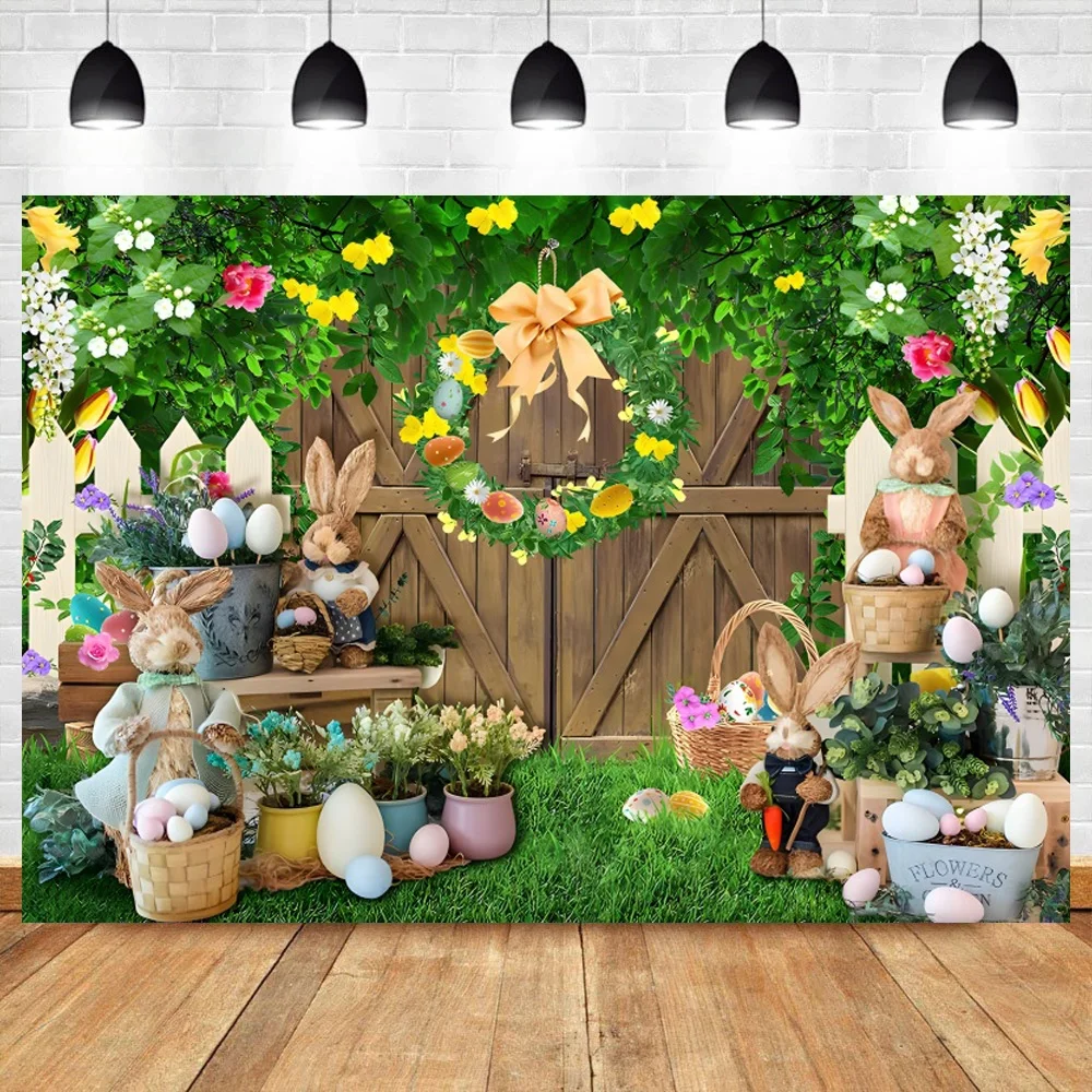 

Spring Easter Day Backdrop Baby Room Eggs Grass Rabbit Farm Bunny Birthday Cake Smash Gray Brick Wall Photography Background