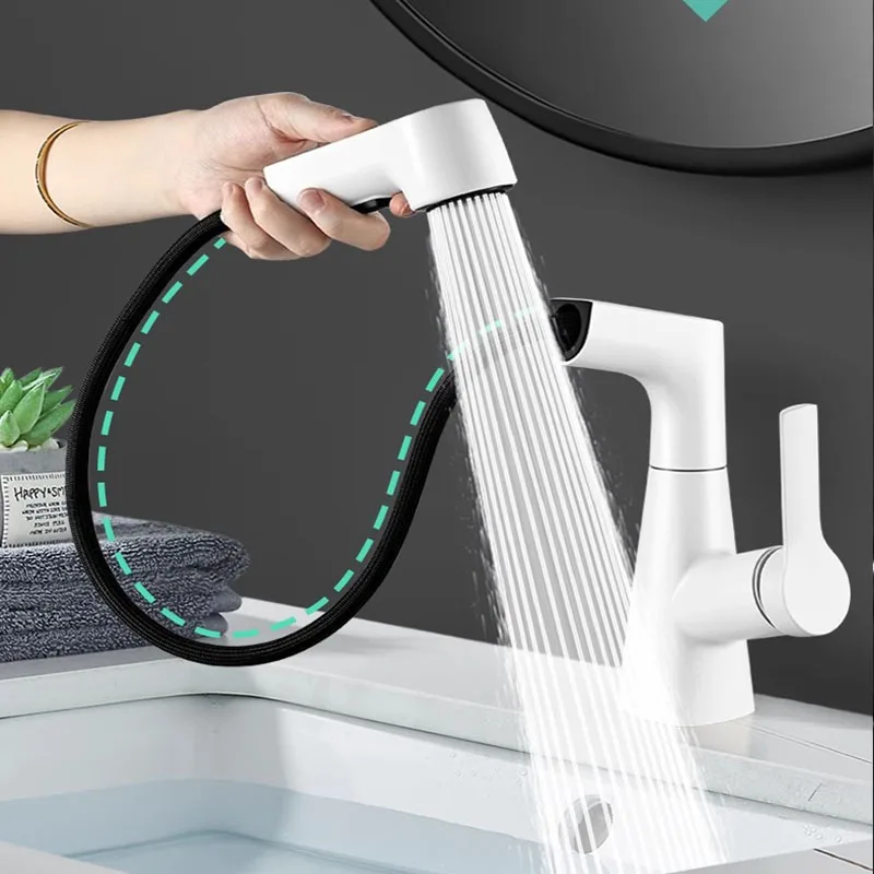 

Black/Silver/White Dual-function Pull-down Bathroom Sink Faucet: Adjustable Height,, Anti-leak Brass Core, 360° Rotation