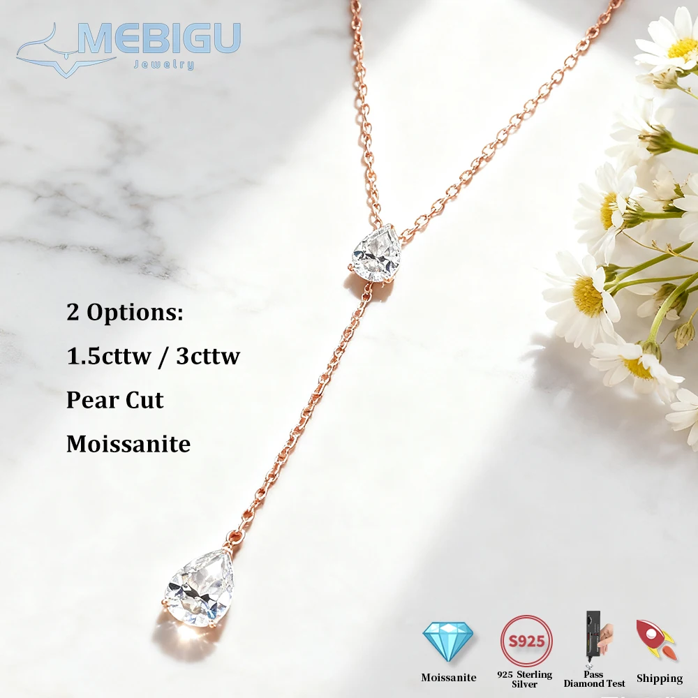 

Mebigu 2-Stone Pear Cut Moissanite Pendant Necklace Women s925 Silver Y-Style Long Tassel Bridal Party Wedding Neck Chain Gift